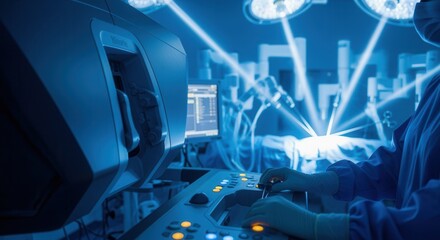 A surgeon operates robotic surgical equipment in a high-tech, sterile operating room with advanced medical monitors and laser guidance.