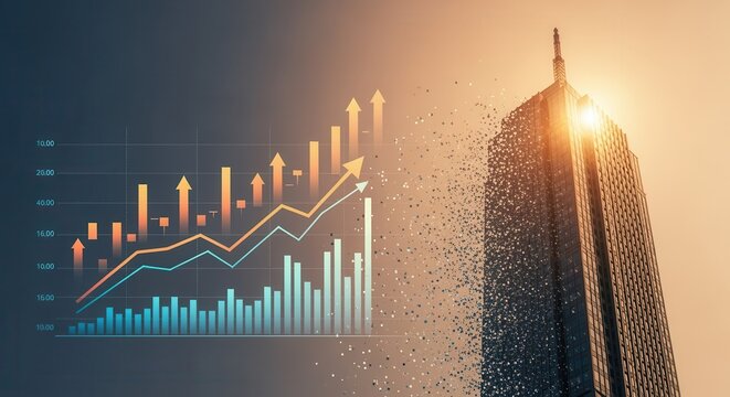 A digital composite of a skyscraper dissolving into data points alongside rising financial graphs and charts under a bright sun.