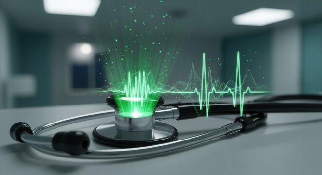 A stethoscope emits a glowing green digital heartbeat waveform, symbolizing modern medical technology and healthcare monitoring. - Powered by Adobe
