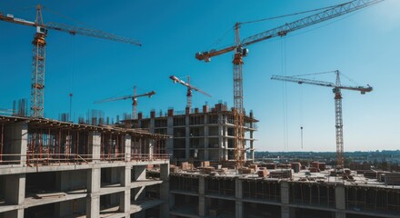 Construction site featuring multiple tall cranes overseeing the building of concrete structures against a clear, vibrant blue sky