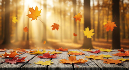 Autumnal scene displays colorful leaves on a wooden table against a blurred forest backdrop with soft, golden light
