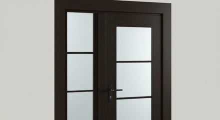 Obraz premium Dark stained wooden double doors with glass panels, framed in a neutral wall. Hardware visible. Clean lines and modern aesthetic