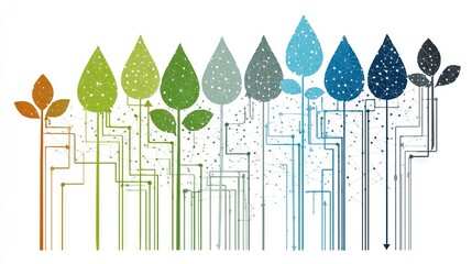 Obraz premium Abstract Eco Technology Illustration Featuring Colorful Leaf Shapes Connected by Circuit Lines Representing Sustainable Innovation