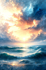 Majestic Ocean under the Golden Sunlight -Generative AI


