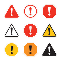 Collection of Caution and Warning Icons with Exclamation Symbols in Triangle, Circle, and Octagon Shapes