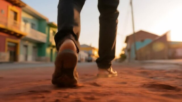 Close-up extremo de un hombre caminando por una calle de tierra rojiza en Arica