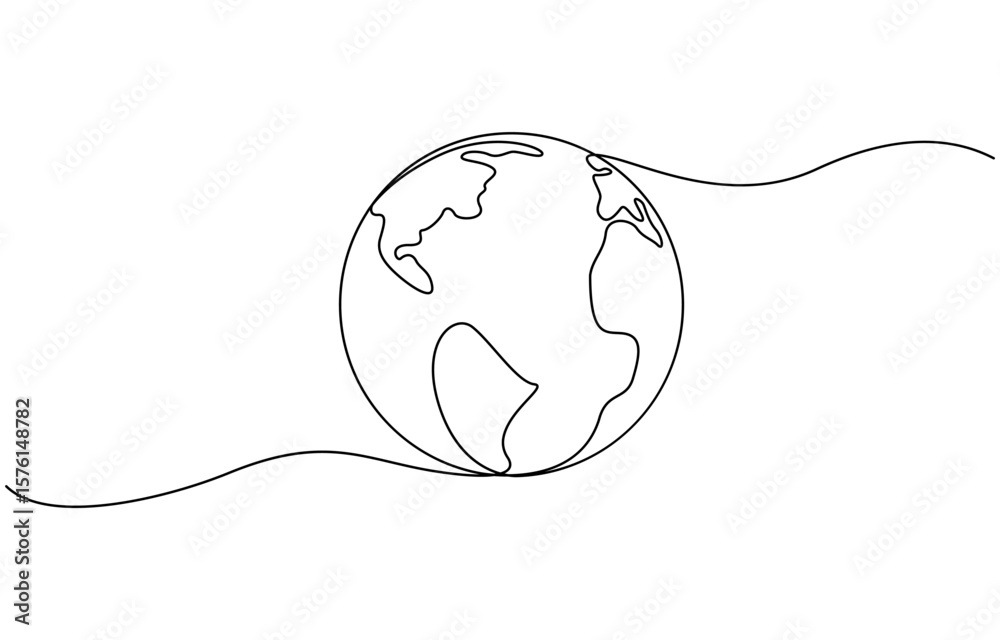 Fototapete continuous one line art drawing of earth planet, globe, geography vector outline, world map with cur