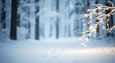 Glowing fairy lights adorn branches in a dreamy winter forest scene, creating a magical and festive atmosphere with a snowy backdrop.