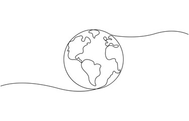 Continuous one line art drawing of earth planet, Globe, geography vector outline, World map with curve line. Linear globe symbol. Vector illustration isolated on white background.