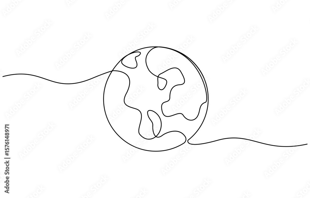 Fototapete continuous one line art drawing of earth planet, globe, geography vector outline, world map with cur