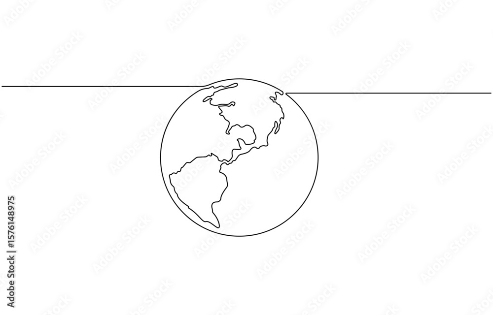 Fototapete Continuous one line art drawing of earth planet, Globe, geography vector outline, World map with curve line. Linear globe symbol. Vector illustration isolated on white background.
