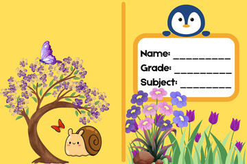 Adorable Springtime Notebook Cover Cute Penguin, Snail, Butterfly, and Blossoming Tree Design