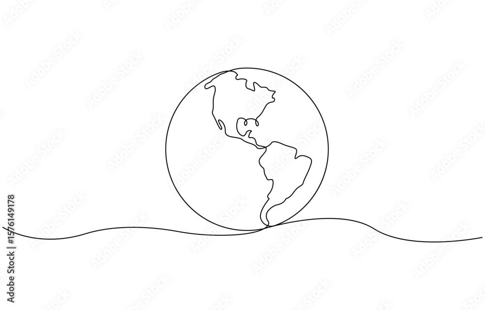 Fototapete Continuous one line art drawing of earth planet, Globe, geography vector outline, World map with curve line. Linear globe symbol. Vector illustration isolated on white background.