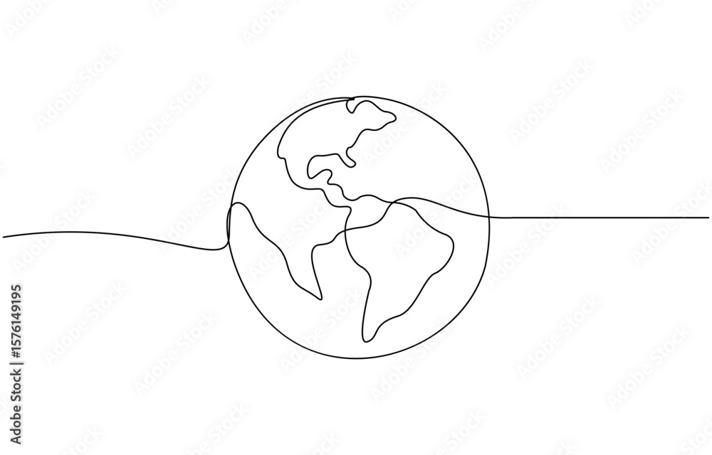 Fototapete continuous one line art drawing of earth planet, globe, geography vector outline, world map with cur