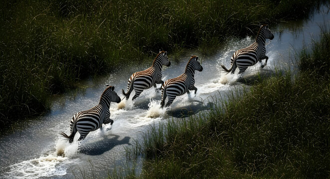 Striped Zebras Galloping Through a Serene River: A Wildlife Scene