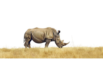 Closeup of wild rhino eating grass in savannah on transparent background