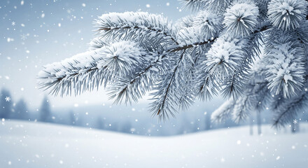 A pristine winter scene unfolds with a close-up of snow-laden pine boughs and softly falling snowflakes creating a serene and peaceful atmosphere of the holiday season.