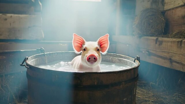 Piglets enjoy a warm bath in a rustic barn surrounded by straw and sunlight in the late afternoon