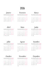 Calendar of Brazil 2026 in portuguese language with  holidays of Brazil. Vector illustration. Week start on monday