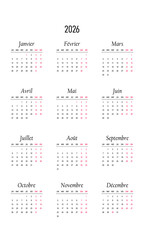 Calendar of Madagascar 2026 in french language with  holidays of Madagascar. Vector illustration. Week start on monday