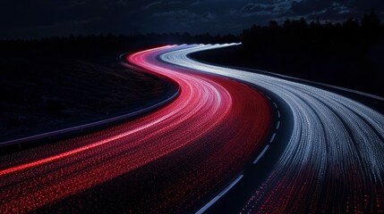 Night road with light trails curving through dark landscape.