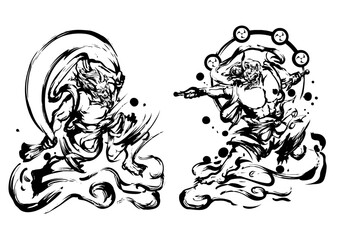 Fujin and Raijin – Japanese Wind and Thunder Gods in Sumi-e Ink Art