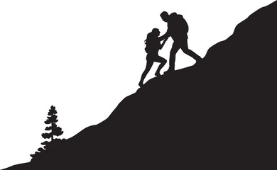 Obraz premium Determined Hikers Climbing Mountain Silhouette Adventure