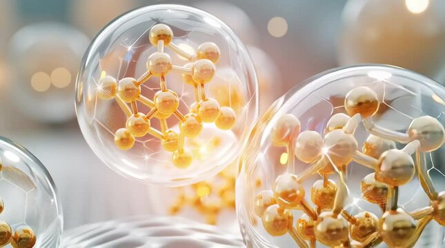 Medi Spa 3D Animation of Colloidal Gold Molecular Clusters Encapsulated in Nano Spheres for Advanced Anti-Aging, Cellular Regeneration, and Luxury Skincare Therapy.