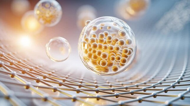 3D Rendered Transparent Nano Spheres with Golden Oil Molecules Inside, Showcasing Luxury 24-Carat Gold or Jojoba Infusion for Molecular Skincare, Collagen Boosting, Advanced Anti-Aging Treatment