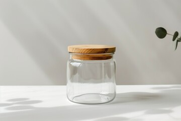Reusable glass jar with wooden lid on neutral background, minimal zero-waste kitchen product mockup.