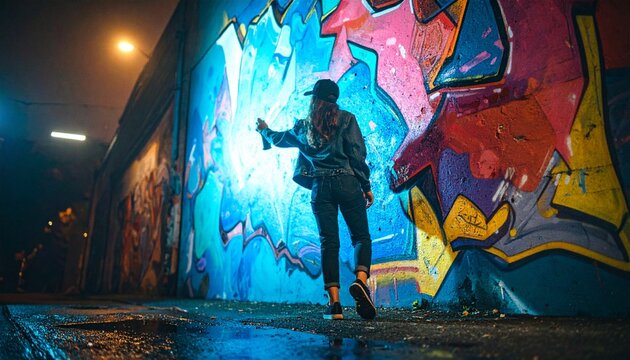 An artist creates graffiti on a city street corner at night.  