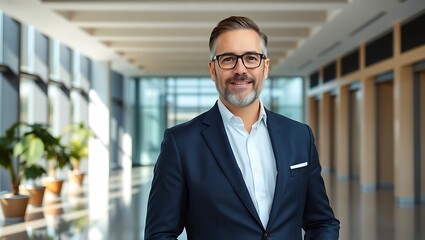 Fototapeta premium Portrait of a smiling man in a suit standing in a modern office building with plants and elevators