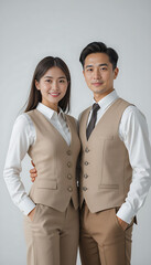 “Team Members Wearing Beige Vests and White Shirts in Coordinated Corporate Attire Against Blue Background”