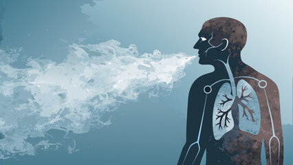 **Fading iron lung silhouette in soft blues, vintage medical technology symbolism with copy space**  