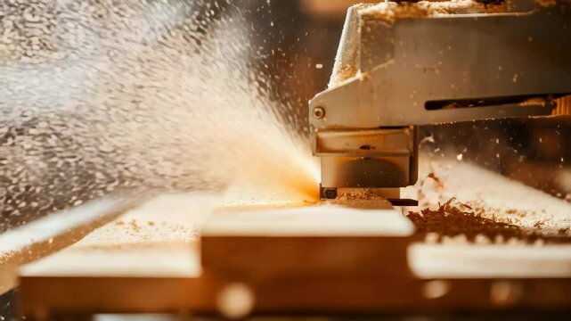 Woodworking machine cutting wooden plank and producing sawdust