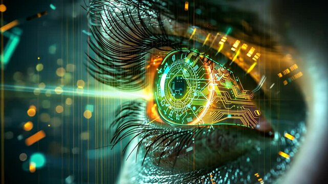 futuristic hacker's eye, glowing with digital circuits and intricate designs