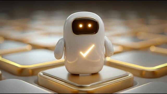 Robot standing on a computer keyboard as a symbol of technology and analysis in product-market fit determination. AI Market Fit Validation Bot &ndash; Animated Video Version