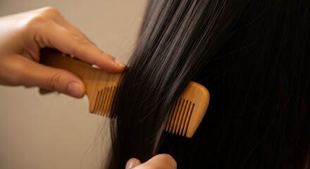 Fototapeta premium Close-Up of Wooden Comb Brushing Hair Strands