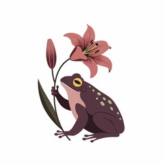 A vibrant frog holds a lily flower in a minimalist flat design on a white background
