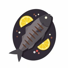 A minimalist design showcases a grilled fish topped with lemon, highlighting a simple yet appetizing presentation