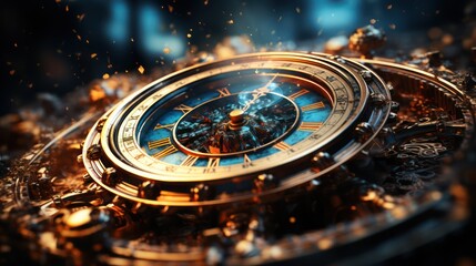 A golden, ornate clock with Roman numerals and intricate details, set against a dark, mysterious background with glowing, fiery elements.