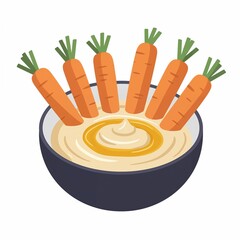 Fresh carrots surround smooth hummus in a minimalist design on a white backdrop, enhancing the presentation