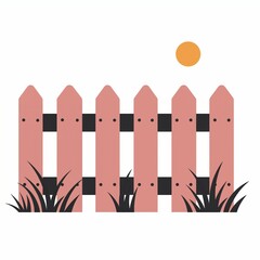 A flat vector design displays a picket fence surrounded by grass under a bright sun, creating a calm outdoor atmosphere