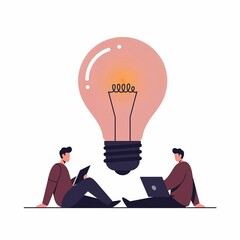 Two individuals engage in a creative brainstorming session beneath a light bulb, embodying inspiration and innovation