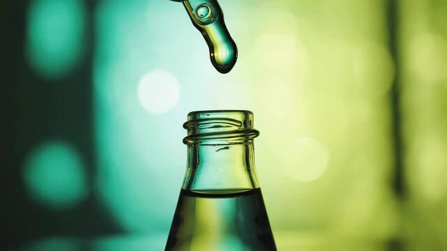 A macro, slow-motion video of a drop of serum or essential oil falling from a glass dropper into a bottle; concept for cosmetic chemistry and scientific research