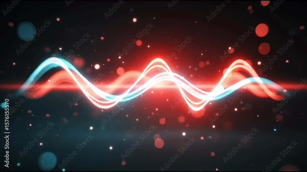 Poster glowing red and blue light wave glow with vibrant abstract digital energy and scattered bokeh partic