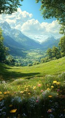 Fototapeta premium Scenic Valley View with Mountains, Meadow and Sky
