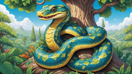 Fototapeta premium A funny image of a friendly python wrapped around a tree trunk, a vibrant scene from a children's book with lush leaves and a bright sky.