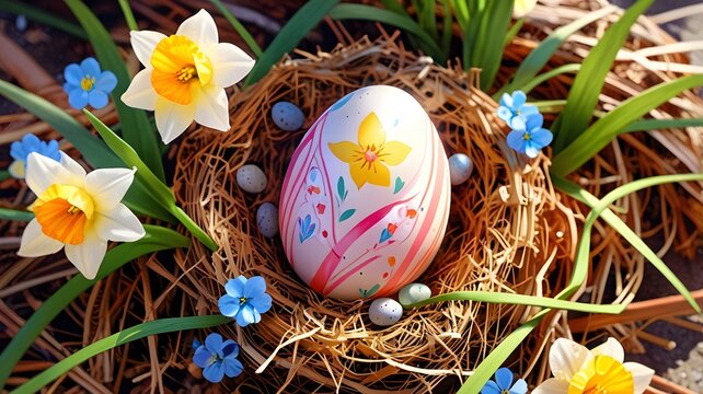 Easter Symbols: A beautifully painted Easter egg, intricately detailed, nestled in the center of a soft, dry straw nest. - Powered by Adobe