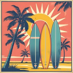 Retro Tropical Surfboard Sunset with Palm Trees – Vintage Beach Illustration. Ai- Generated